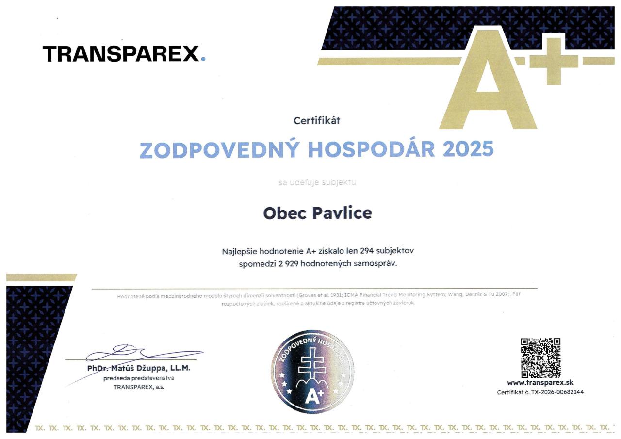 Pavlice získali certifikát Zodpovedný hospodár 2025 s názorným skóre A+